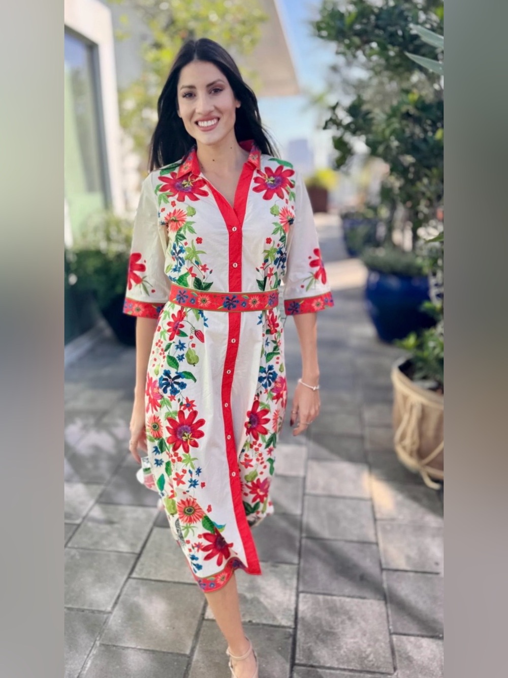 IslaPayal Rhea Passionflower Floral Embroidered Cream Shirt Dress Red Trim L